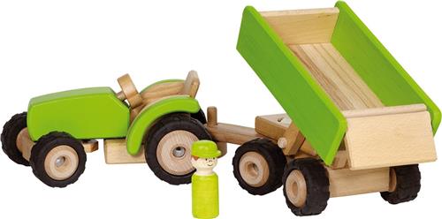 Goki Houten Tractor Groen met Aanhanger