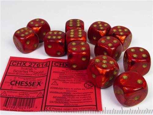 Chessex Scarab Scarlet/gold D6 16mm Dobbelsteen Set (12 stuks)