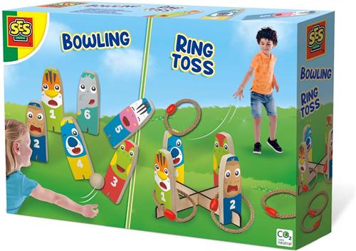 SES - Bowlen en ringgooien - 2-in-1 spellen - vrolijke kegels van echt hout - in handige bewaartas