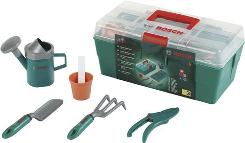 Klein Toys Bosch tuin professionele tuinbox met uitneembaar inzetstuk - schop, hark, gieter, snoeischaar en bloempot - groen