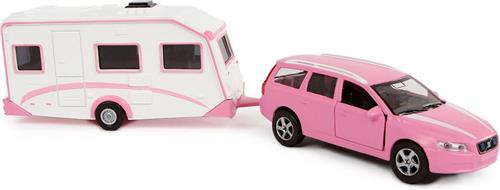 Kids Globe Die-cast Volvo V70 met Caravan - Roze, 30cm