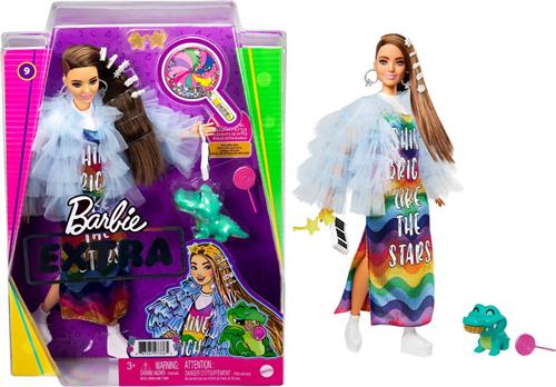 Barbie Extra Doll in blauw jasje met ruches en krokodil huisdier - Modepop - Barbiepop