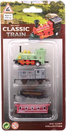 Diecast locomotief met drie wagons. 3+