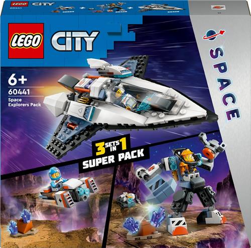 LEGO® City Uitbreidingsset voor ruimteverkenners, speelset voor kinderen vanaf 6 jaar, 3 bouwsets in 1 doos, met mecha, interstellair ruimteschip, zweefmotor en 3 minifiguren 60441