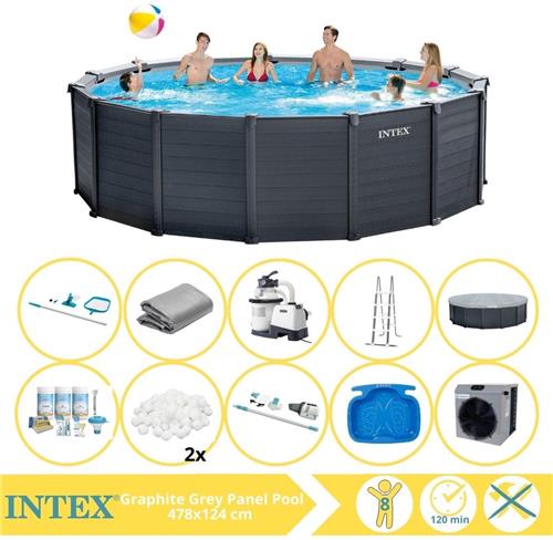 Intex Graphite Gray Panel Zwembad - Opzetzwembad - 478x124 cm - Inclusief Onderhoudspakket, Filterbollen, Onderhoudsset, Stofzuiger, Voetenbad en Warmtepomp CP