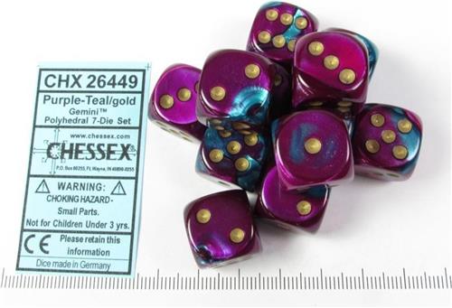 Chessex 12 x D6 Set Gemini 16mm - Purple-Teal/Gold