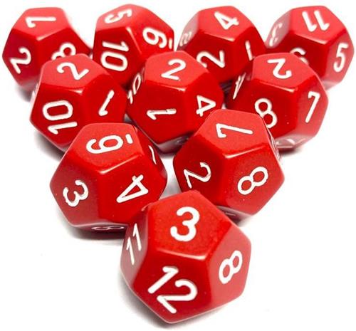 Diceshop 12-kantige dobbelsteen (SET van 10 STUKS) D12 Rood | Wit