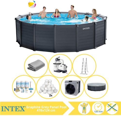 Intex Graphite Gray Panel Zwembad - Opzetzwembad - 478x124 cm - Inclusief Onderhoudspakket, Filterbollen en Warmtepomp CP