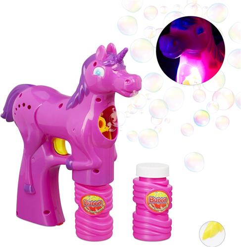 Relaxdays bellenblaas pistool eenhoorn - LED - bellenblaasmachine - batterijen - unicorn - roze