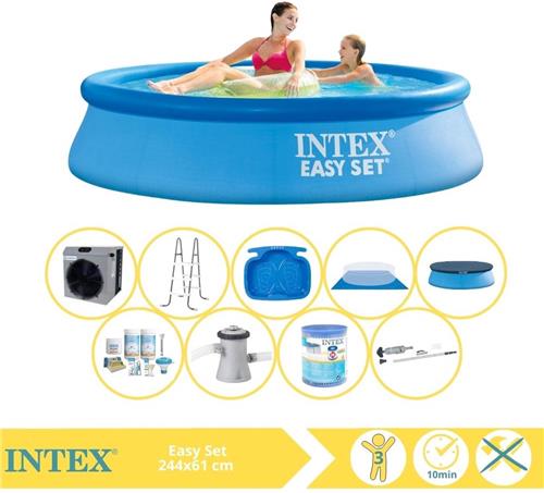 Intex Easy Set Zwembad - Opblaaszwembad - 244x61 cm - Inclusief Afdekzeil, Onderhoudspakket, Zwembadpomp, Filter, Grondzeil, Stofzuiger, Trap, Voetenbad en Warmtepomp CP