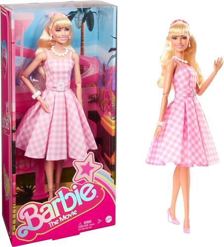 Barbie The movie pop - Margot Robbie - Roze-wit geruite jurk - 33 cm - Barbie film pop