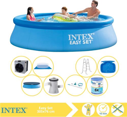 Intex Easy Set Zwembad - Opblaaszwembad - 305x76 cm - Inclusief Afdekzeil, Onderhoudspakket, Zwembadpomp, Filter, Grondzeil, Onderhoudsset, Trap, Voetenbad en Warmtepomp CP