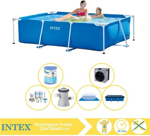 Intex Rectangular Frame Zwembad - Opzetzwembad - 220x150x60 cm - Inclusief Afdekzeil, Onderhoudspakket, Zwembadpomp, Filter, Grondzeil en Warmtepomp CP