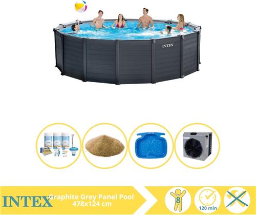 Intex Graphite Gray Panel Zwembad - Opzetzwembad - 478x124 cm - Inclusief Onderhoudspakket, Filterzand, Voetenbad en Warmtepomp CP