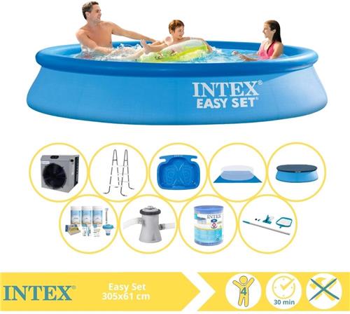 Intex Easy Set Zwembad - Opblaaszwembad - 305x61 cm - Inclusief Afdekzeil, Onderhoudspakket, Zwembadpomp, Filter, Grondzeil, Onderhoudsset, Trap, Voetenbad en Warmtepomp CP