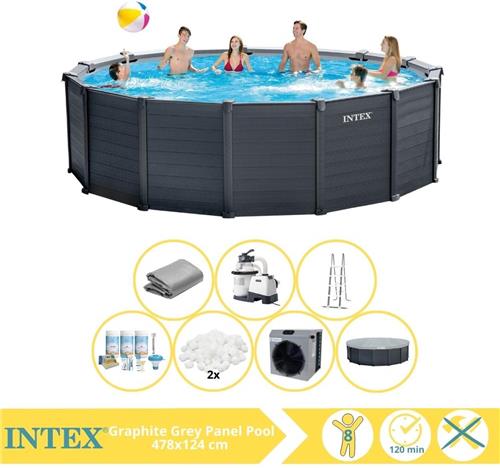 Intex Graphite Gray Panel Zwembad - Opzetzwembad - 478x124 cm - Inclusief Onderhoudspakket, Filterbollen en Warmtepomp CP