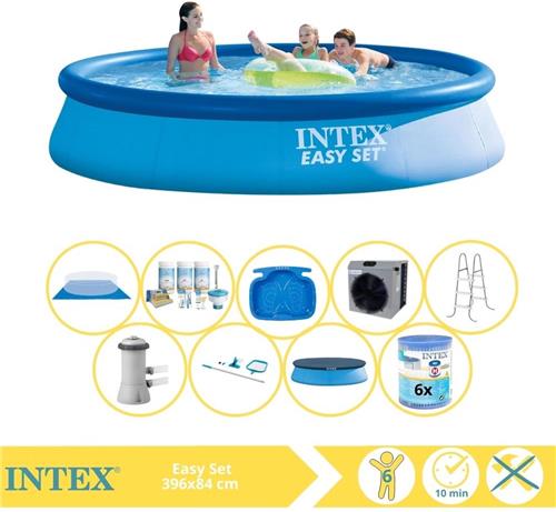 Intex Easy Set Zwembad - Opblaaszwembad - 396x84 cm - Inclusief Afdekzeil, Onderhoudspakket, Zwembadpomp, Filter, Grondzeil, Onderhoudsset, Trap, Voetenbad en Warmtepomp CP