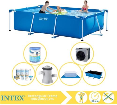 Intex Rectangular Frame Zwembad - Opzetzwembad - 300x200x75 cm - Inclusief Solarzeil Pro, Onderhoudspakket, Zwembadpomp, Filter, Grondzeil en Warmtepomp CP