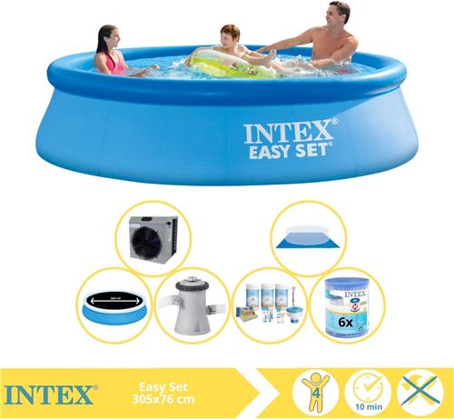 Intex Easy Set Zwembad - Opblaaszwembad - 305x76 cm - Inclusief Solarzeil Pro, Onderhoudspakket, Zwembadpomp, Filter, Grondzeil en Warmtepomp CP