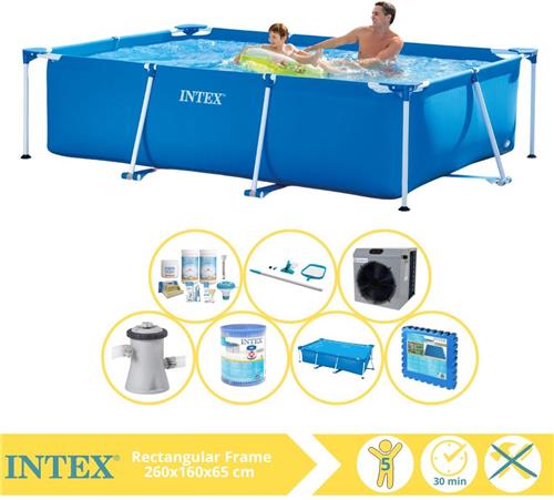 Intex Rectangular Frame Zwembad - Opzetzwembad - 260x160x65 cm - Inclusief Solarzeil, Onderhoudspakket, Zwembadpomp, Filter, Onderhoudsset, Zwembadtegels en Warmtepomp CP