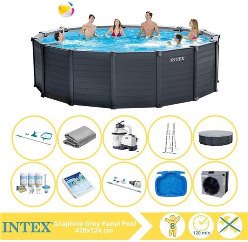 Intex Graphite Gray Panel Zwembad - Opzetzwembad - 478x124 cm - Inclusief Onderhoudspakket, Glasparels, Onderhoudsset, Stofzuiger, Voetenbad en Warmtepomp CP