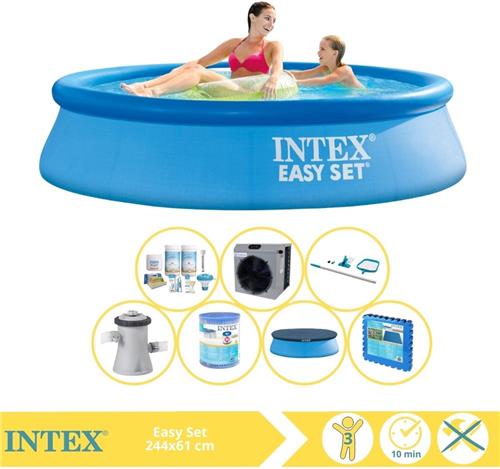 Intex Easy Set Zwembad - Opblaaszwembad - 244x61 cm - Inclusief Afdekzeil, Onderhoudspakket, Zwembadpomp, Filter, Onderhoudsset, Zwembadtegels en Warmtepomp CP