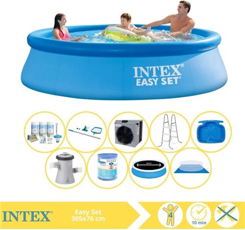 Intex Easy Set Zwembad - Opblaaszwembad - 305x76 cm - Inclusief Solarzeil Pro, Onderhoudspakket, Zwembadpomp, Filter, Grondzeil, Onderhoudsset, Trap, Voetenbad en Warmtepomp CP