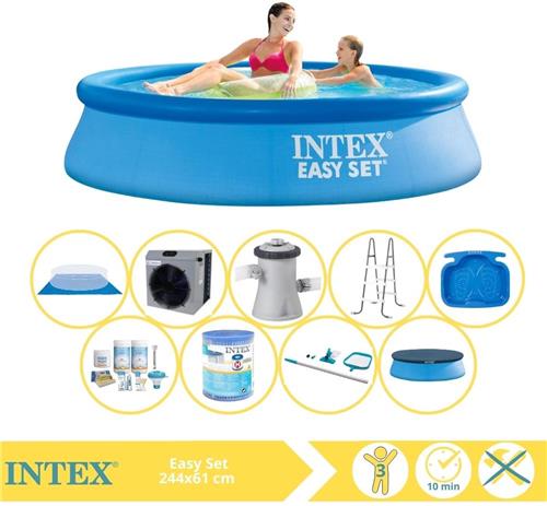 Intex Easy Set Zwembad - Opblaaszwembad - 244x61 cm - Inclusief Afdekzeil, Onderhoudspakket, Filter, Grondzeil, Onderhoudsset, Trap, Voetenbad en Warmtepomp CP