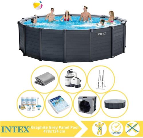 Intex Graphite Gray Panel Zwembad - Opzetzwembad - 478x124 cm - Inclusief Onderhoudspakket, Glasparels en Warmtepomp CP