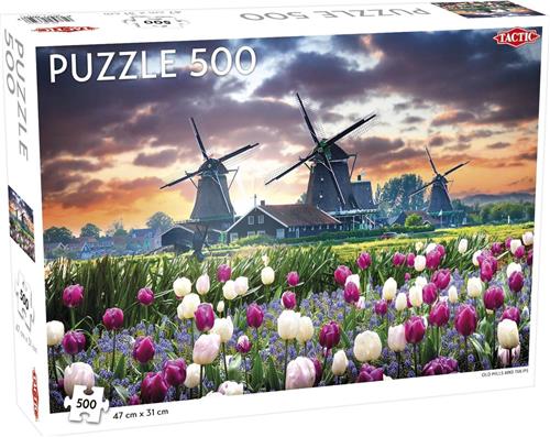 Puzzel Landscape: Old Mills and Tulips - 500 stukjes