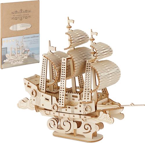 Relaxdays 3D puzzel schip - houten puzzel volwassenen - model bouwpakket - zeilschip