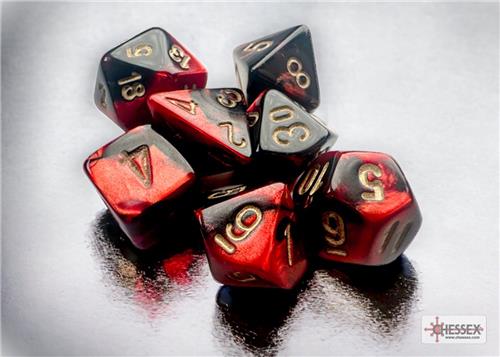 Chessex Gemini Mini-Polyhedral Black-Red/gold Dobbelsteen Set (7 stuks)