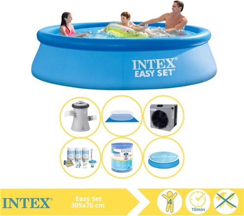 Intex Easy Set Zwembad - Opblaaszwembad - 305x76 cm - Inclusief Solarzeil, Onderhoudspakket, Filter, Grondzeil en Warmtepomp CP