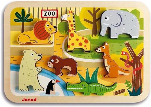 Janod Chunky Puzzel - Dierentuindieren - 7 Dieren Puzzelstukjes In 3D Met Een Dikte Van 1,5 Cm - Geschikt Vanaf 18 Maanden