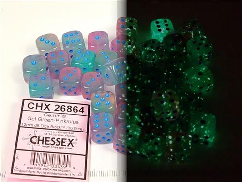 Chessex Gemini Gel Green-Pink/blue Luminary D6 12mm Dobbelsteen Set (36 stuks)