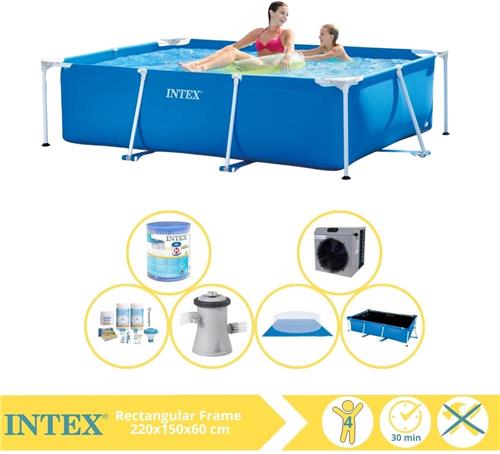 Intex Rectangular Frame Zwembad - Opzetzwembad - 220x150x60 cm - Inclusief Solarzeil Pro, Onderhoudspakket, Zwembadpomp, Filter, Grondzeil en Warmtepomp CP