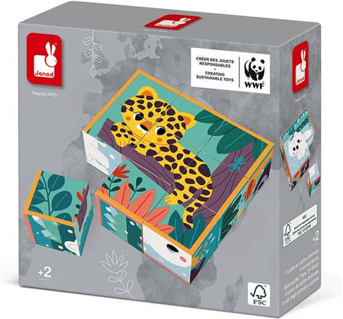 Janod WWF - Kartonnen Blokpuzzel - Set Van 9 Kubussen Gemaakt Van Lichtgewicht Karton Met 6 Illustraties Van Dieren - Geschikt Vanaf 2 Jaar