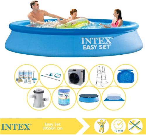 Intex Easy Set Zwembad - Opblaaszwembad - 305x61 cm - Inclusief Afdekzeil, Onderhoudspakket, Filter, Grondzeil, Onderhoudsset, Trap, Voetenbad en Warmtepomp CP