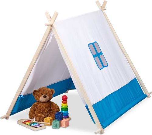 Relaxdays speeltent kind - tipi kindertent stof - kinderspeeltent blauw - kinderkamer