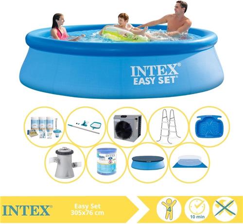 Intex Easy Set Zwembad - Opblaaszwembad - 305x76 cm - Inclusief Afdekzeil, Onderhoudspakket, Filter, Grondzeil, Onderhoudsset, Trap, Voetenbad en Warmtepomp CP