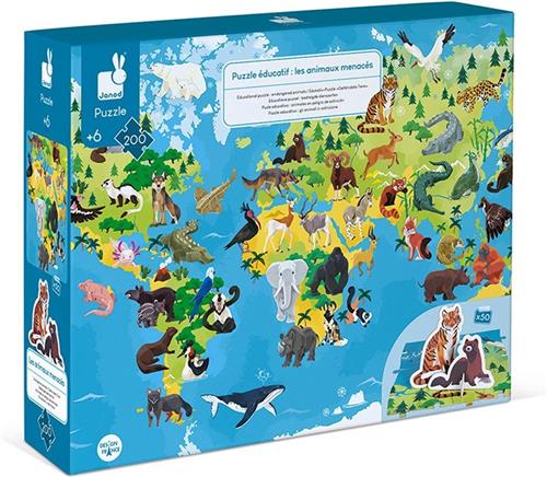 Janod Educatieve Puzzel - Bedreigde Diersoorten - 200 Stukjes - Ontdek Bedreigde Dieren Met Deze Reuzenpuzzel Van Bijna 1 Meter Lang! - Geschikt Vanaf 6 Jaar