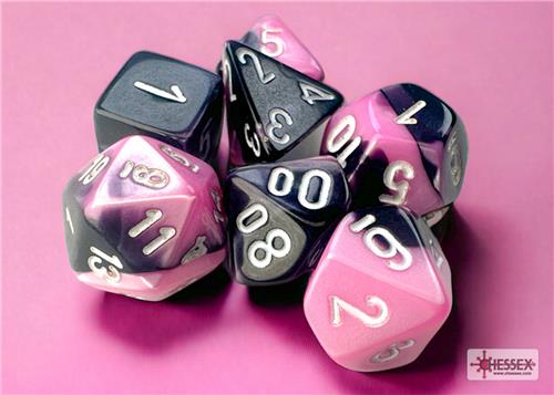 Chessex Gemini Mini-Polyhedral Black-Pink/white Dobbelsteen Set (7 stuks)