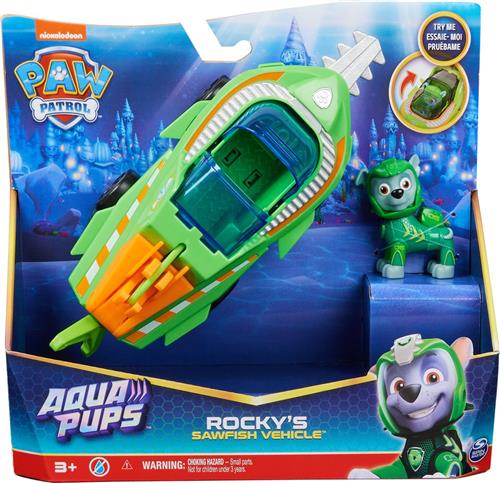 PAW Patrol Aqua Pups - Transformerend Zaagvis-voertuig met Rocky-Speelfiguur