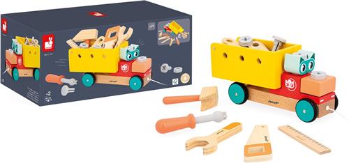 Janod Brico'kids - Trekfiguur Vrachtwagen - 2 in 1: Doe-Het-Zelf En Trekspeelgoed - Maak Een Ritje Met De Truck, Compleet Met Al Het Gereedschap! - Geschikt Vanaf 2 Jaar