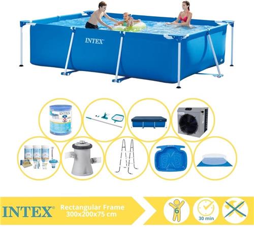 Intex Rectangular Frame Zwembad - Opzetzwembad - 300x200x75 cm - Inclusief Afdekzeil, Onderhoudspakket, Zwembadpomp, Filter, Grondzeil, Onderhoudsset, Trap, Voetenbad en Warmtepomp CP