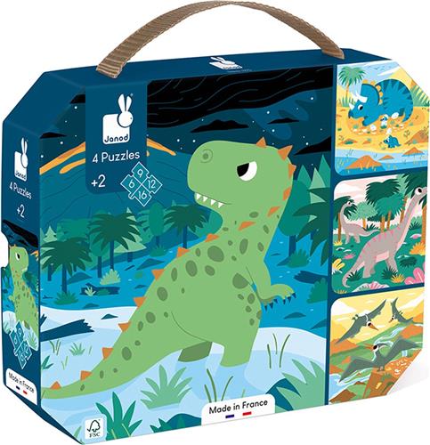 Janod Puzzel - 4 Dinosaurus Puzzels In koffer - De Allereerste Puzzels Voor Dinosaurusfans - 6, 9, 12 En 16 Stukjes - Geschikt Vanaf 2 Jaar