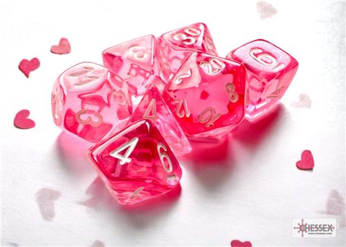 Chessex Translucent Mini-Polyhedral Pink/white Dobbelsteen Set (7 stuks)