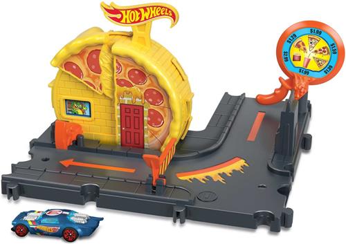 Mattel Games, Hot Wheels Speedy Pizza Auto en Baan Schaal 1/64, Veelkleurig