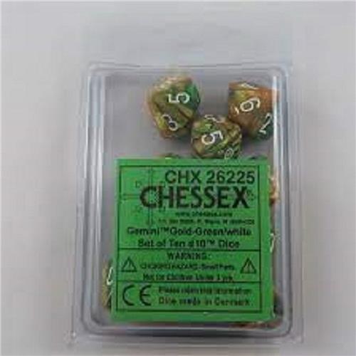 Chessex 10 x D10 Set Gemini - Gold-Green/White