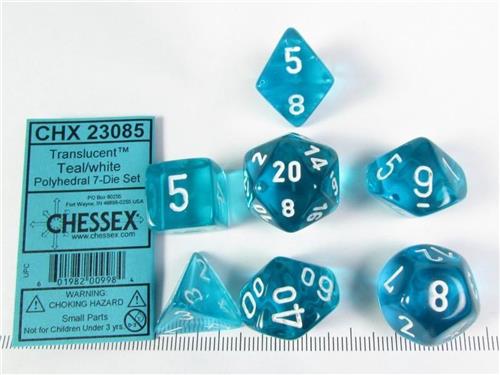 Chessex Translucent Teal/white Polydice Dobbelsteen Set (7 stuks)